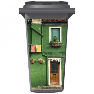 Green Mediterranean Style House Wheelie Bin Sticker Panel